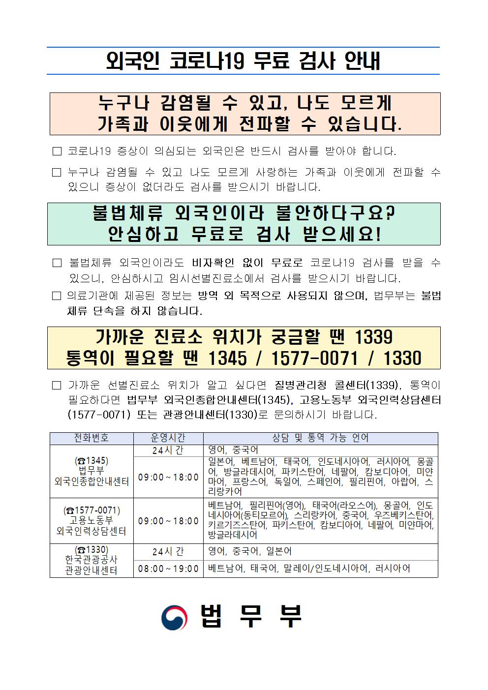 1. (한국어)코로나19 무료 검진 및 불법체류외국인 통보의무 면제 안내.jpg